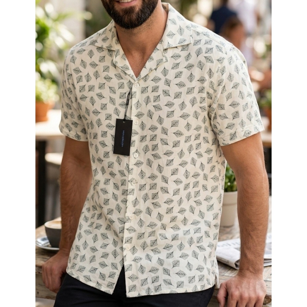 Windward‎ brand short-sleeve button-down shirt Green Leaf All Over In Cream Sz S